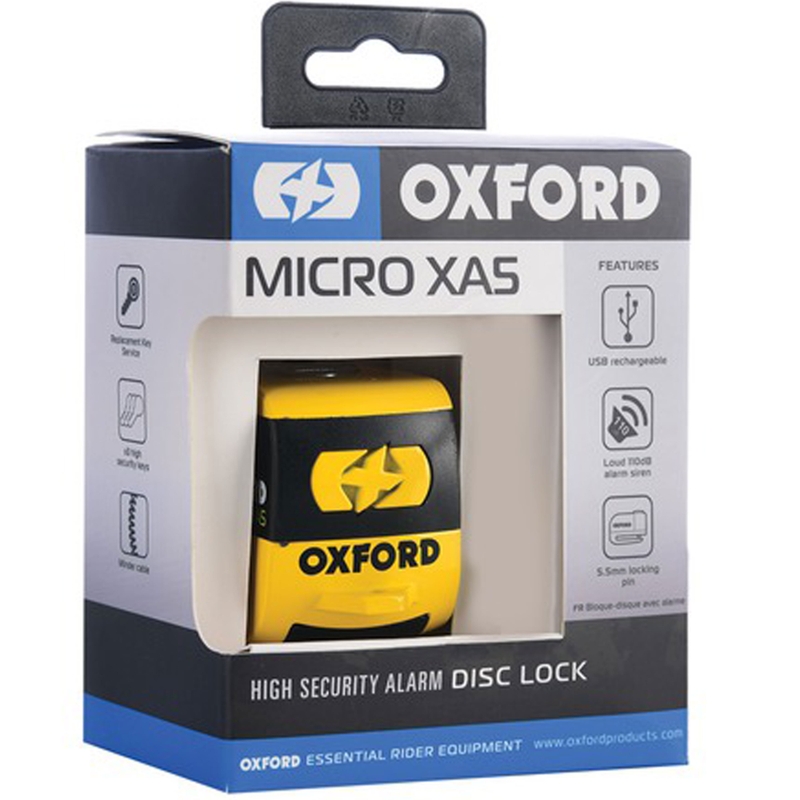 Candado de freno de disco Oxford Micro XA5 con alarma integrada amarillo-negro