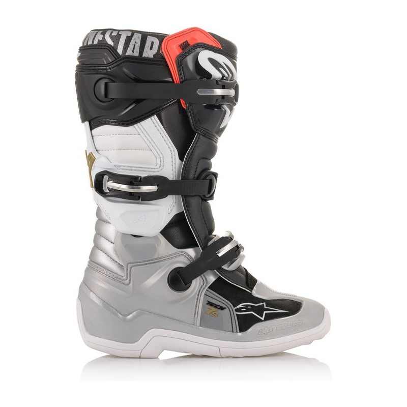 Botas de motocross para niños Alpinestars TECH 7 S en negro, plata, blanco y dorado