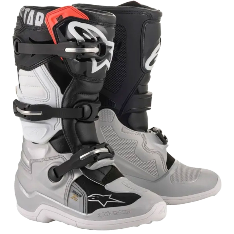 Botas de motocross para niños Alpinestars TECH 7 S en negro, plata, blanco y dorado