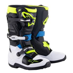 Botas de moto para niños Alpinestars Tech 7 S en negro-blanco-amarillo fluorescente-azul