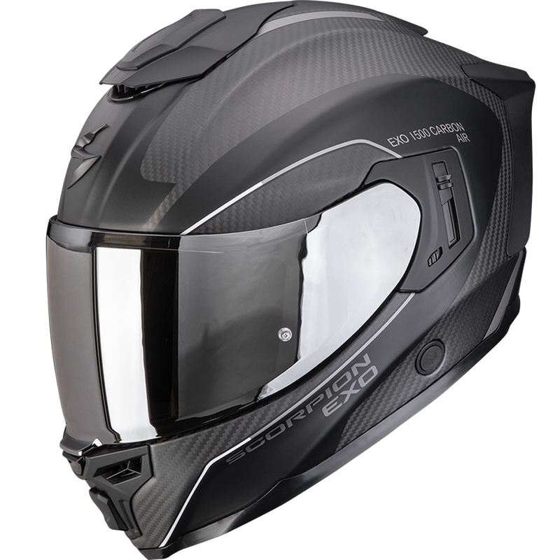 Casco integral de motocicleta Scorpion EXO-1500 Carbon Air Mundi, negro mate y plateado