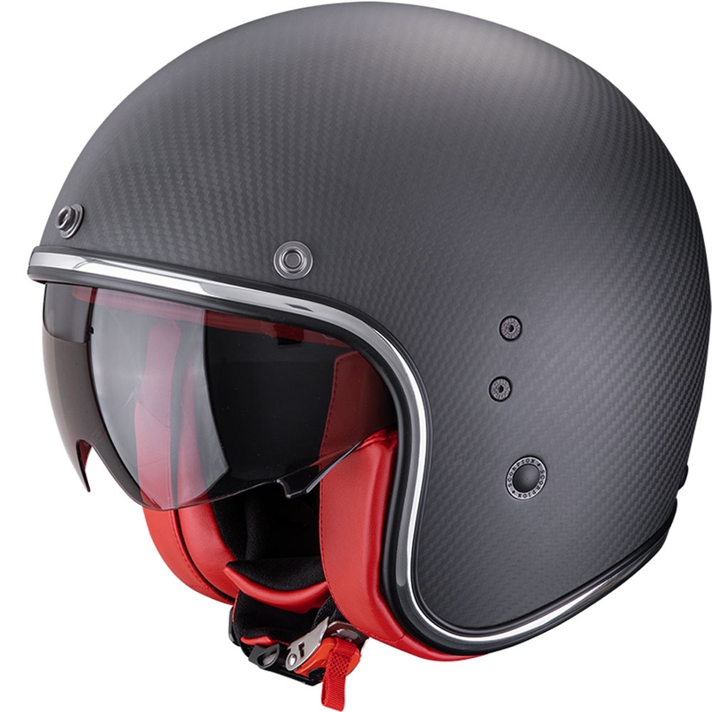 Casco abierto de moto Scorpion Belfast EVO Carbon Solid, negro mate y rojo