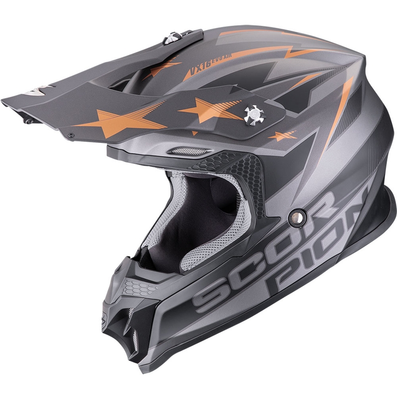 Casco de motocross Scorpion VX-16 EVO Air Patriot color plata, negro y cobre