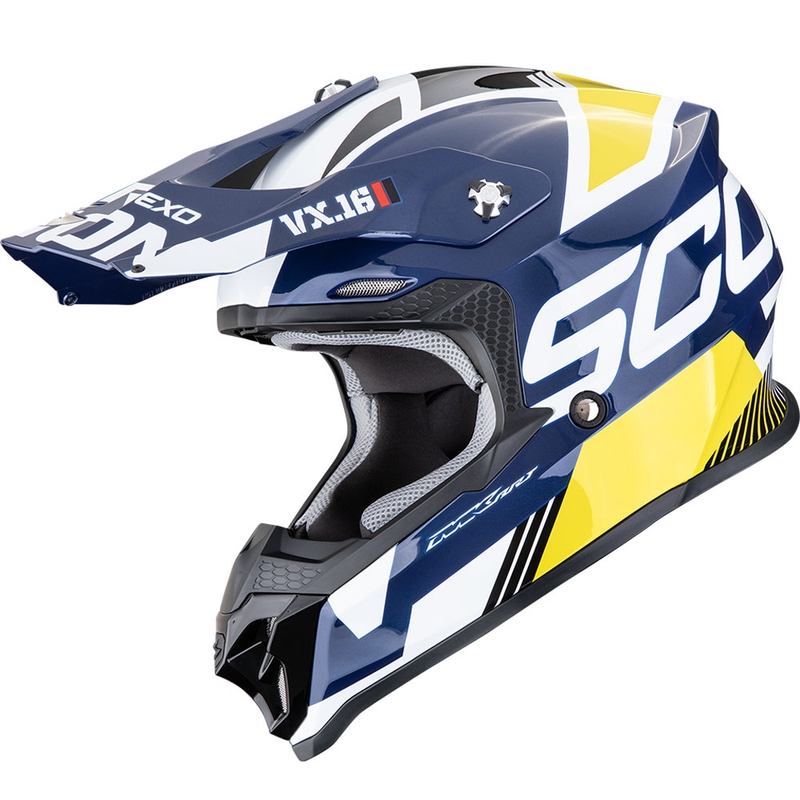 Casco de motocross Scorpion VX-16 EVO Air Analog blanco-azul-amarillo