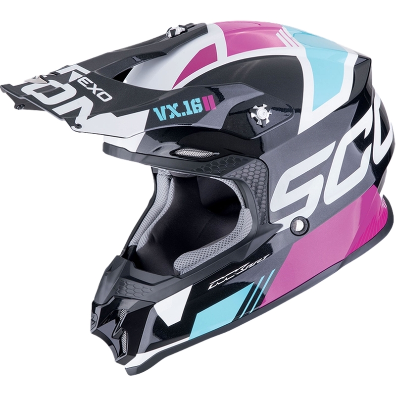 Casco de motocross Scorpion VX-16 EVO AIR ANALOG metálico negro-azul-rosa