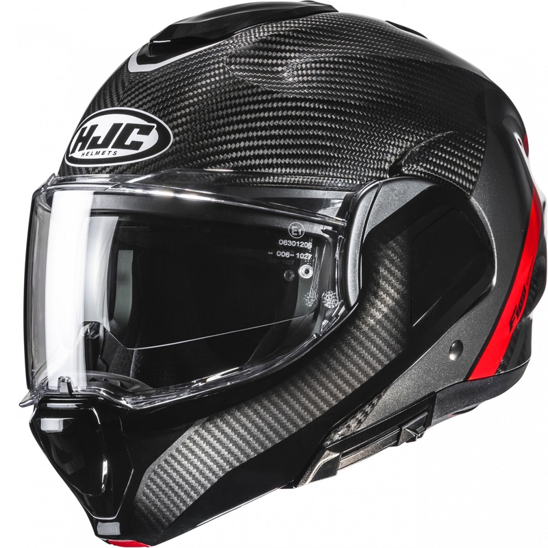 Casco de moto abatible HJC F100 Carbon Stan MC1 negro-rojo