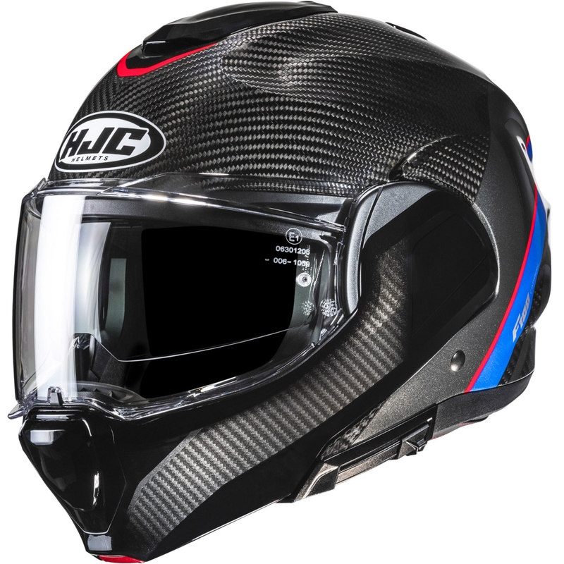 Casco de moto abatible HJC F100 Carbon Stan MC21 negro-azul-rojo