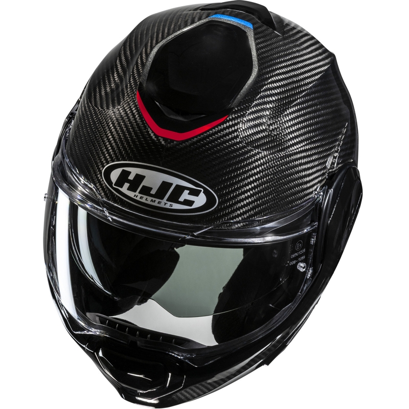 Casco de moto abatible HJC F100 Carbon Stan MC21 negro-azul-rojo