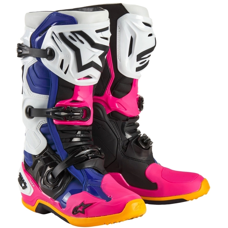 Botas de moto Alpinestars Tech 10 Limited Edition Coast blanco-azul oscuro-rosa-amarillo fluorescente-naranja-negro