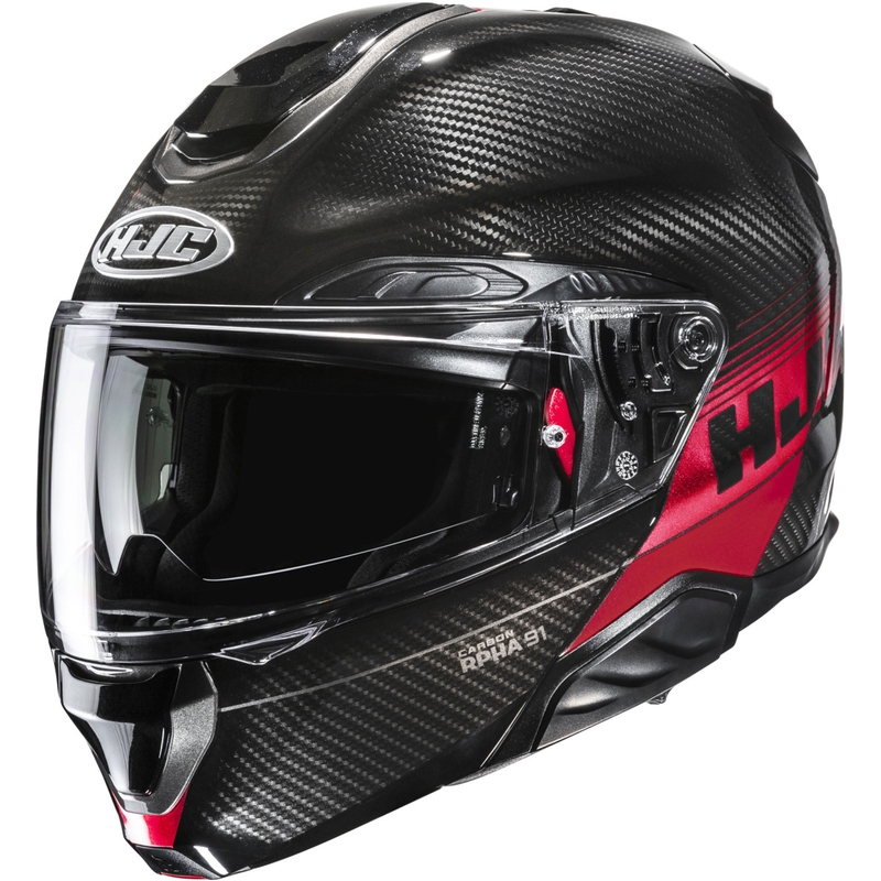 Casco de moto abatible HJC RPHA 91 CARBON Elig MC1 negro-rojo