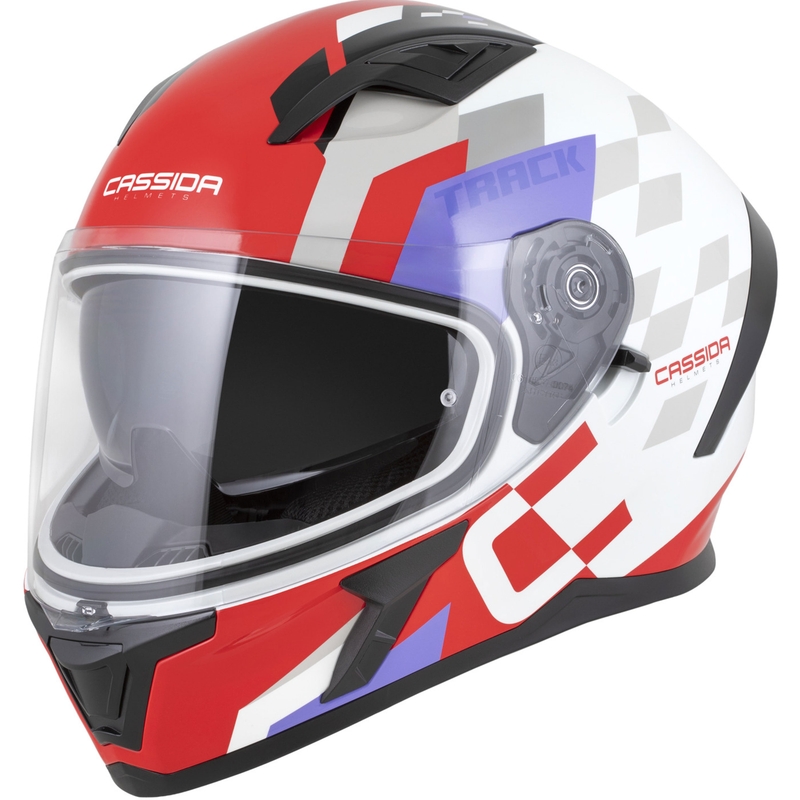 Casco integral de moto Cassida Orbit Track en rojo fluorescente, blanco, morado y negro