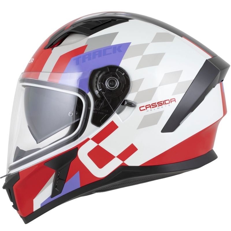 Casco integral de moto Cassida Orbit Track en rojo fluorescente, blanco, morado y negro