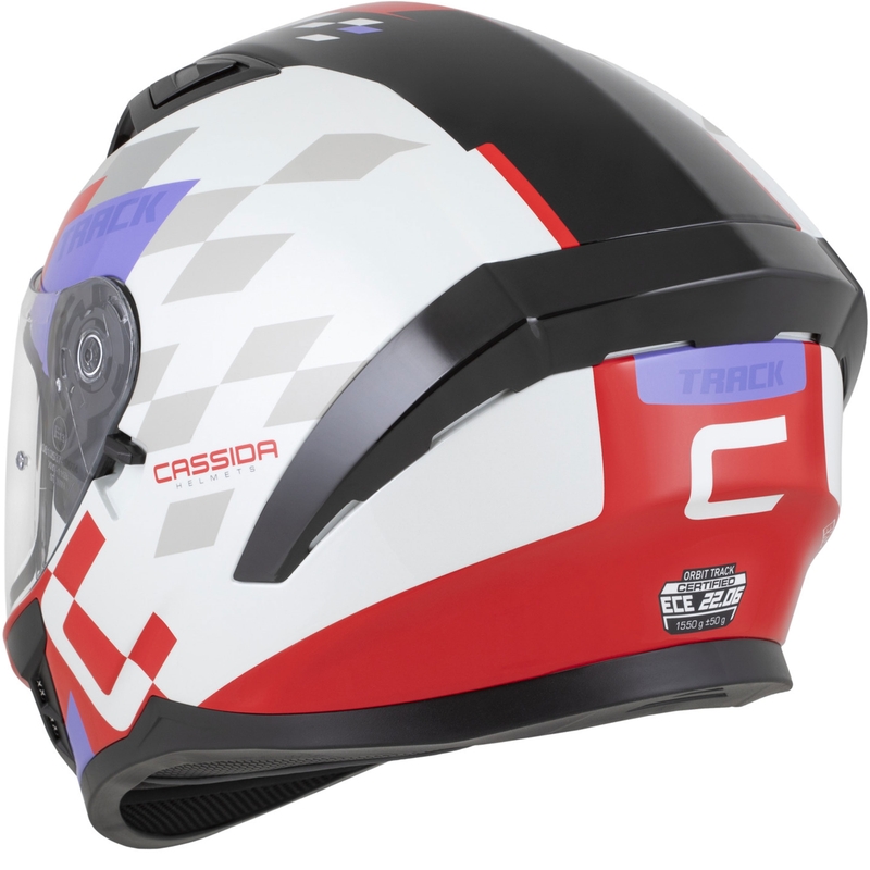 Casco integral de moto Cassida Orbit Track en rojo fluorescente, blanco, morado y negro