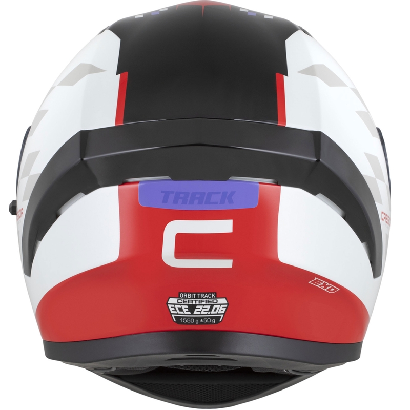 Casco integral de moto Cassida Orbit Track en rojo fluorescente, blanco, morado y negro