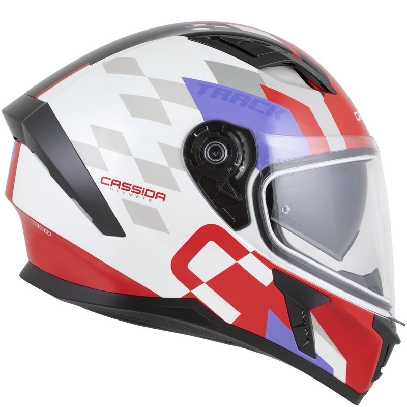 Casco integral de moto Cassida Orbit Track en rojo fluorescente, blanco, morado y negro