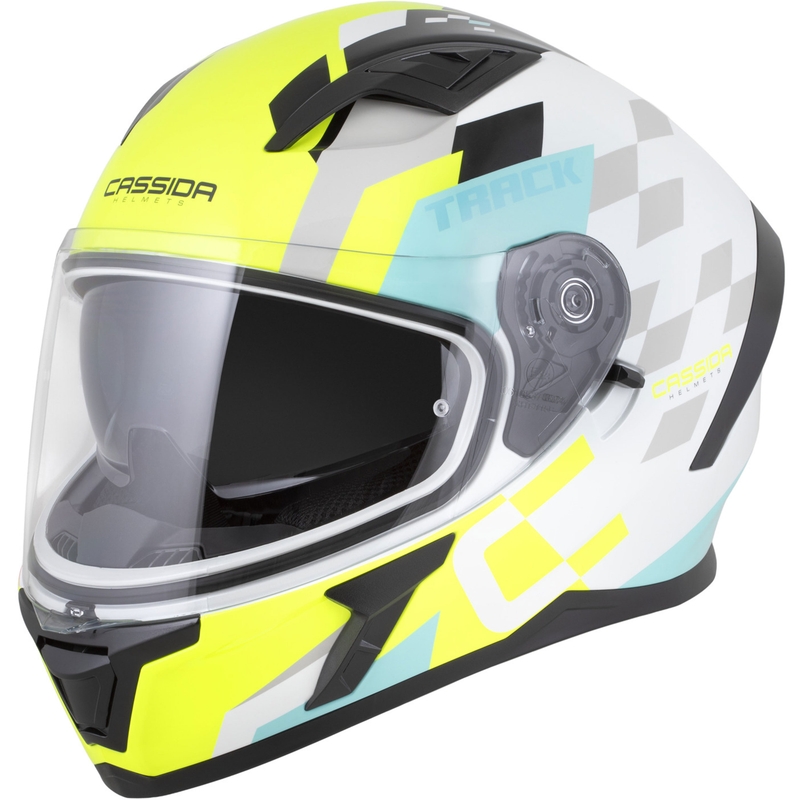 Casco integral de moto Cassida Orbit Track blanco-amarillo fluorescente-turquesa-negro