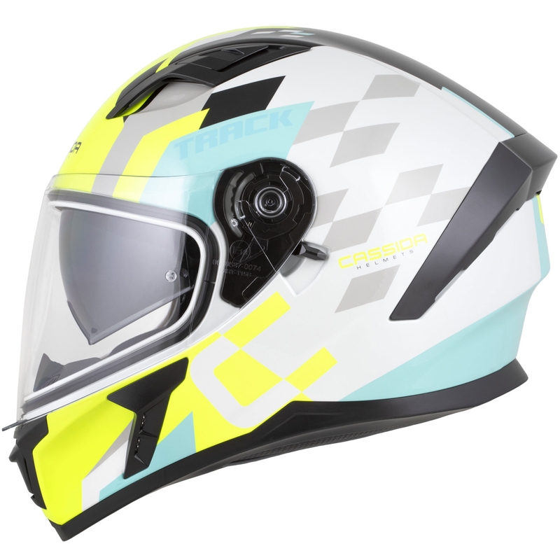 Casco integral de moto Cassida Orbit Track blanco-amarillo fluorescente-turquesa-negro