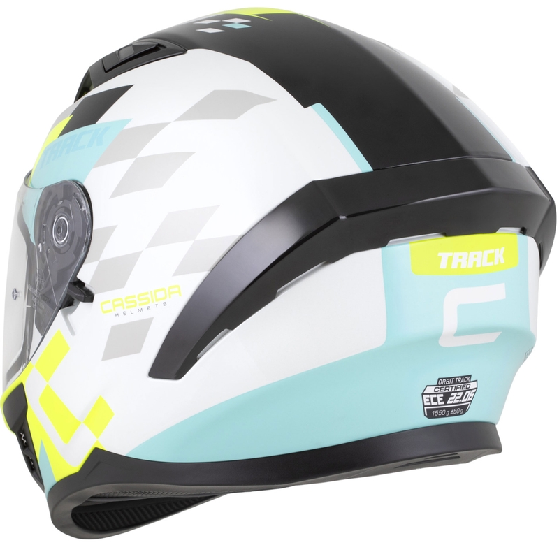 Casco integral de moto Cassida Orbit Track blanco-amarillo fluorescente-turquesa-negro