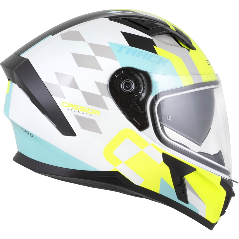 Casco integral de moto Cassida Orbit Track blanco-amarillo fluorescente-turquesa-negro