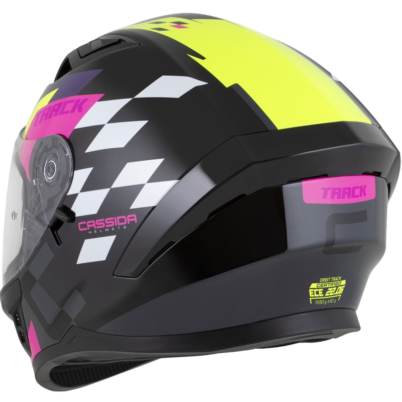 Casco integral de moto Cassida Orbit Track en negro, rosa, morado, amarillo fluorescente y blanco.