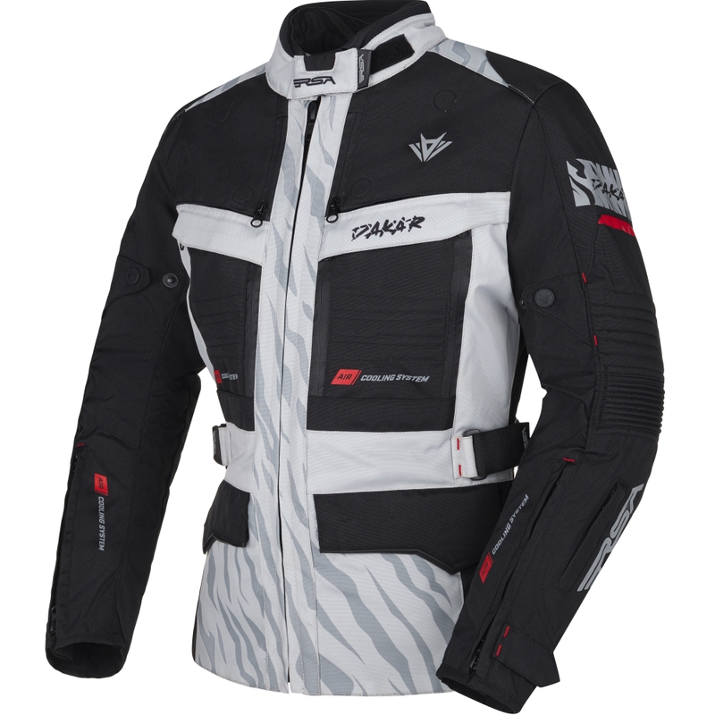 Chaqueta de moto RSA Dakar 2 para mujer, color negro, gris y rojo