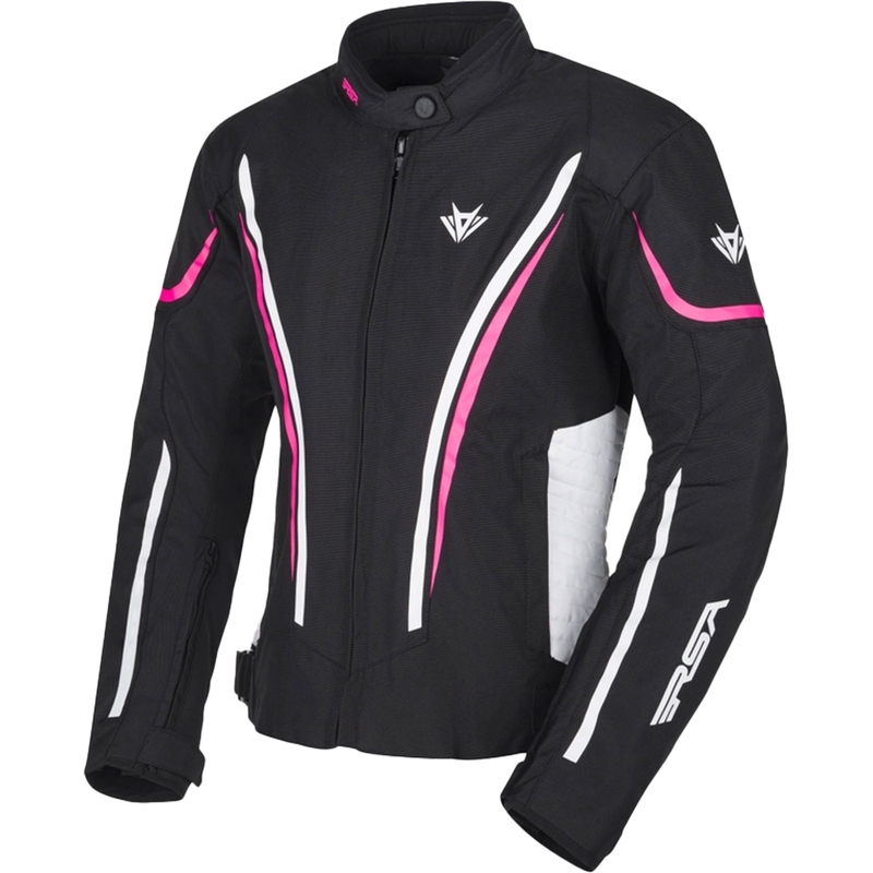 Chaqueta de moto RSA Wasp para mujer, color negro, rosa y blanco.