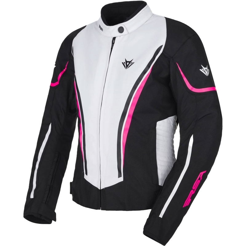 Chaqueta de moto RSA Wasp para mujer, color blanco, negro y rosa.