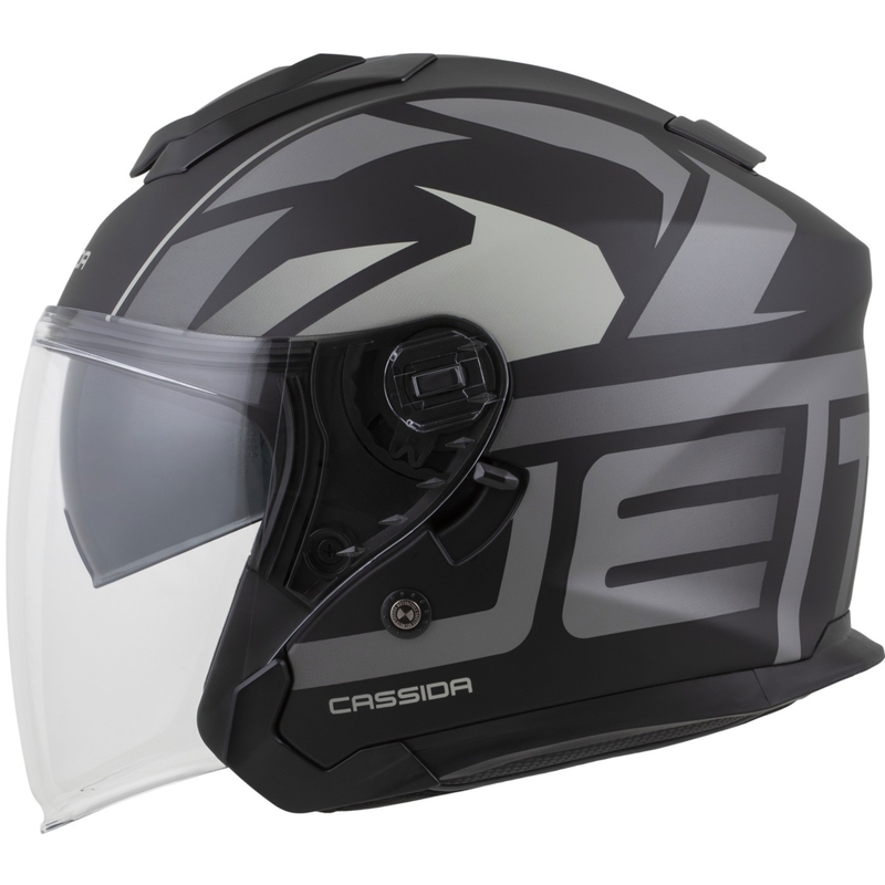 Casco de moto abierto Cassida Jet Tech 2.0 RoTo, negro mate, gris y blanco.