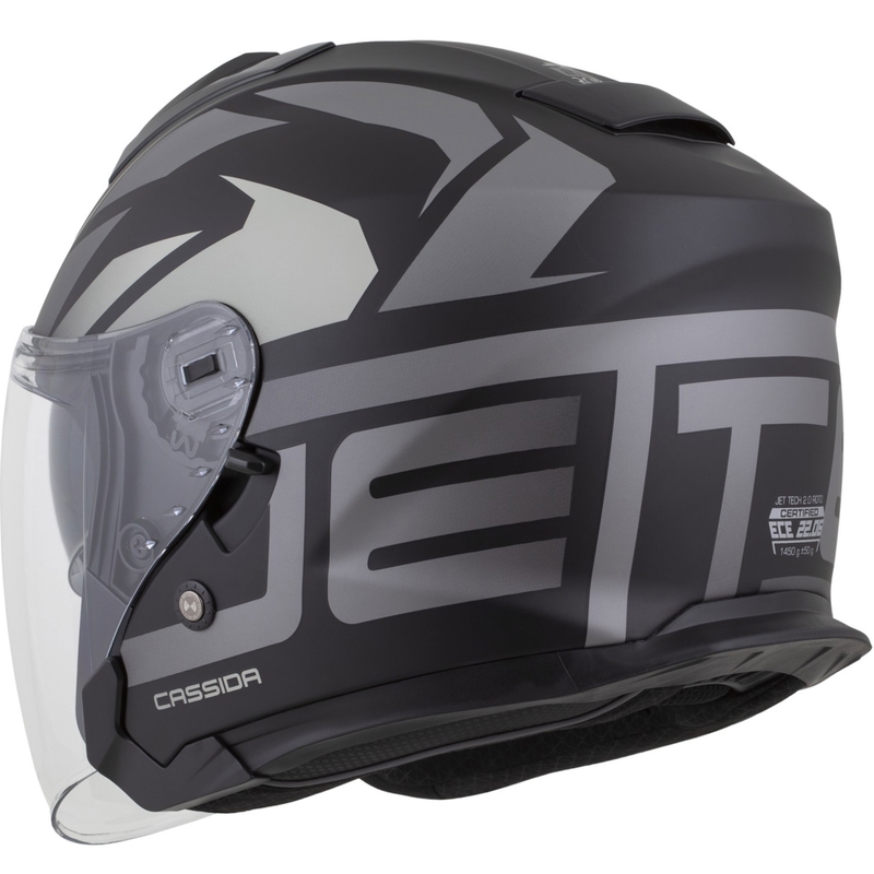 Casco de moto abierto Cassida Jet Tech 2.0 RoTo, negro mate, gris y blanco.