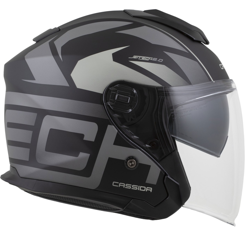 Casco de moto abierto Cassida Jet Tech 2.0 RoTo, negro mate, gris y blanco.