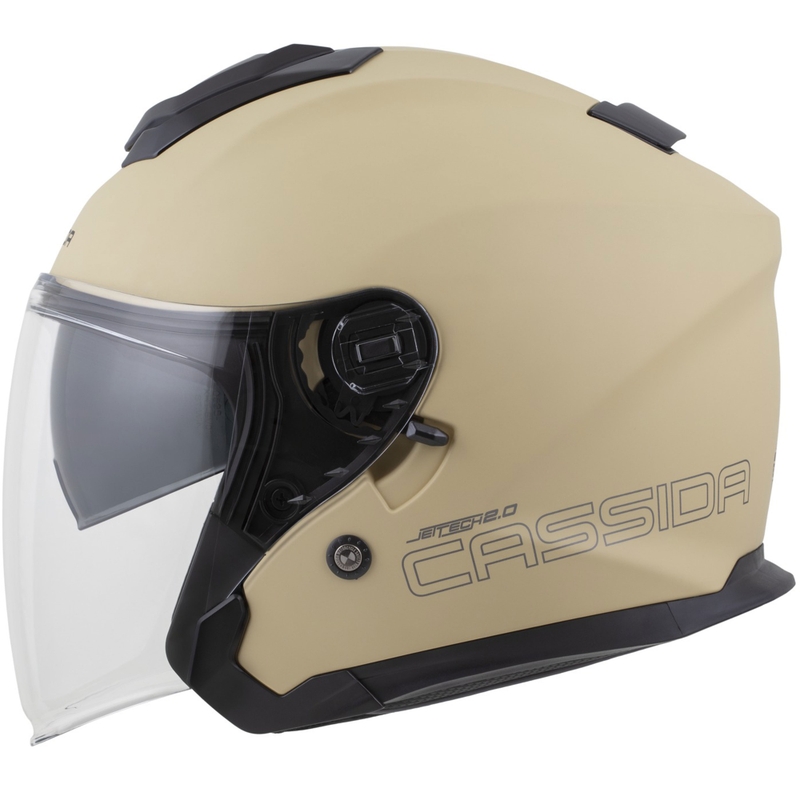 Casco de motocicleta abierto Cassida Jet Tech 2.0 RoTo, acabado arena mate, negro y gris.