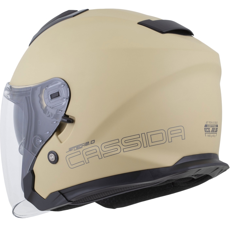 Casco de motocicleta abierto Cassida Jet Tech 2.0 RoTo, acabado arena mate, negro y gris.