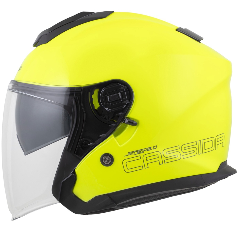 Casco de motocicleta abierto Cassida Jet Tech 2.0 RoTo, amarillo fluorescente, negro y gris.