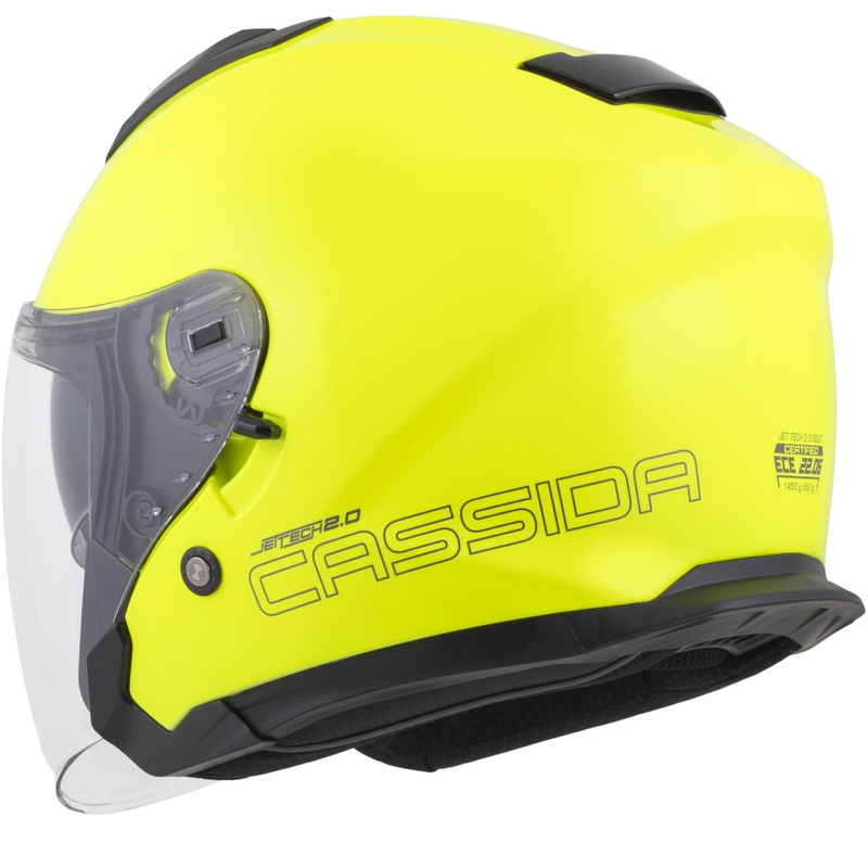 Casco de motocicleta abierto Cassida Jet Tech 2.0 RoTo, amarillo fluorescente, negro y gris.