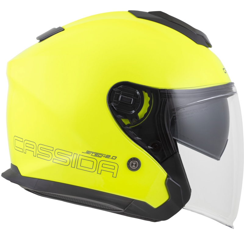Casco de motocicleta abierto Cassida Jet Tech 2.0 RoTo, amarillo fluorescente, negro y gris.