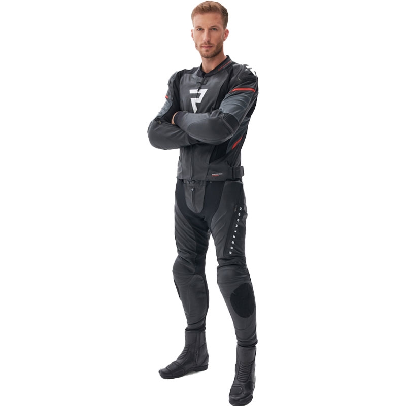 Pantalones de cuero para moto Rebelhorn Veloce, blanco y negro.