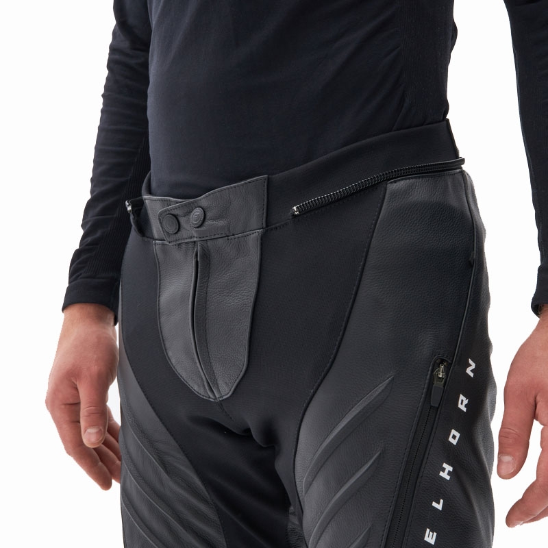 Pantalones de cuero para moto Rebelhorn Veloce, blanco y negro.