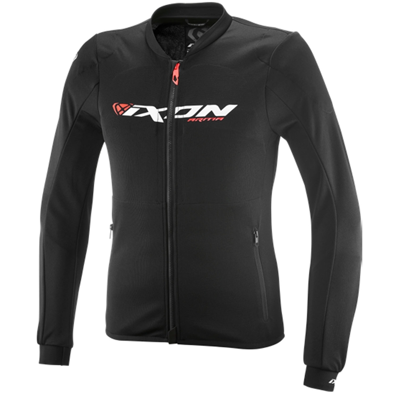 Sudadera de moto IXON Arma en negro, blanco y rojo flúor.