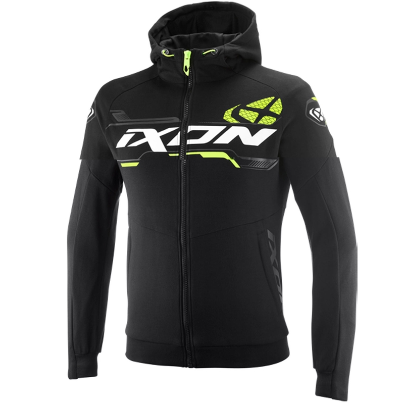 Sudadera de moto IXON Touchdown Ultra en negro, blanco y amarillo flúor.