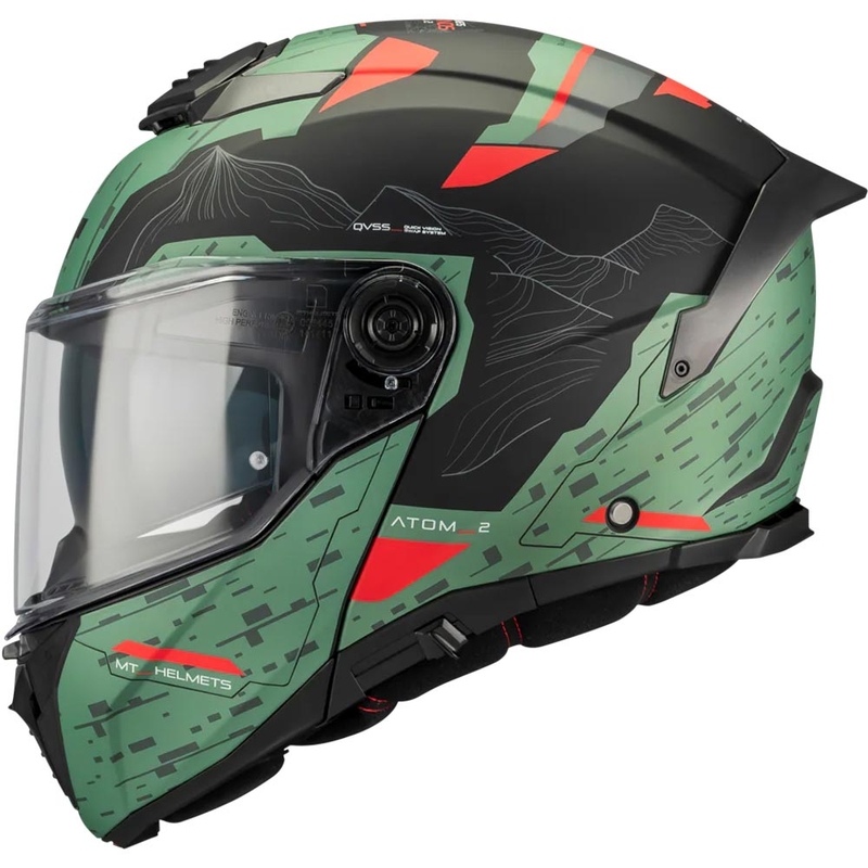 Casco de moto abatible MT Atom 2 SV Highlands C6 verde mate-negro-rojo
