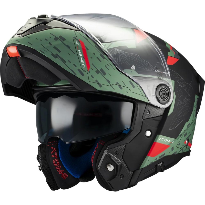 Casco de moto abatible MT Atom 2 SV Highlands C6 verde mate-negro-rojo