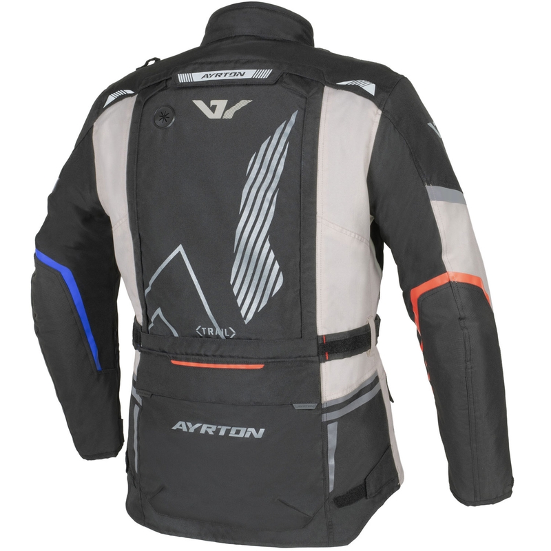 Chaqueta de moto Ayrton Trail en blanco, negro, rojo, azul y gris.