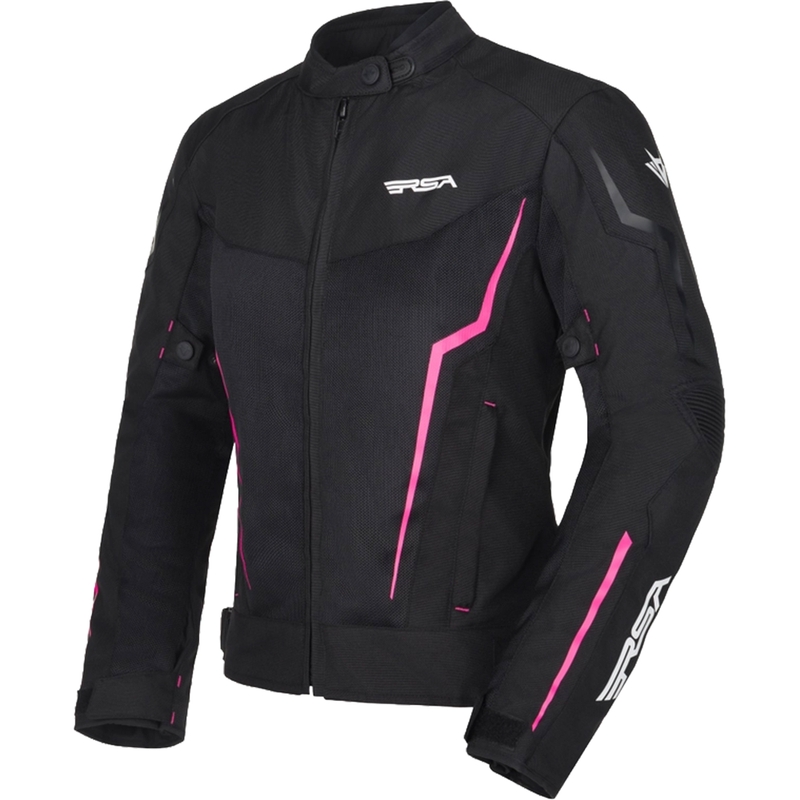 Chaqueta de moto RSA Bolt para mujer, color negro, blanco y rosa.