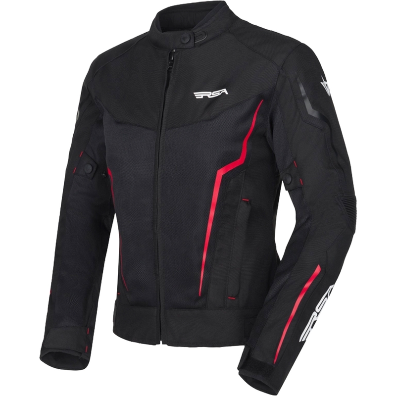Chaqueta de moto RSA Bolt para mujer, color negro, blanco y rojo.