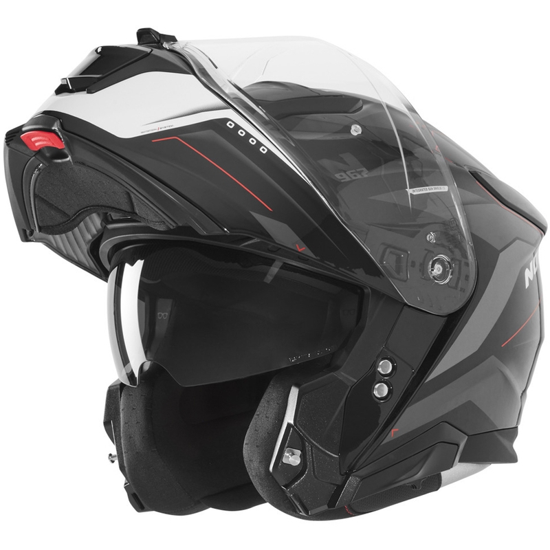 Casco de moto abatible NOX N967 Conquer negro mate, blanco y rojo