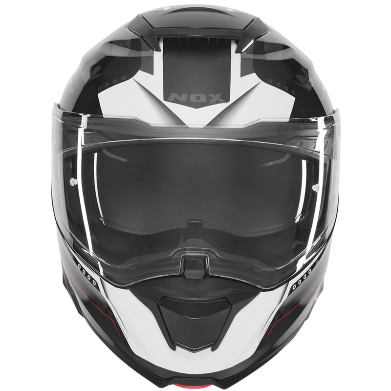 Casco de moto abatible NOX N967 Conquer negro mate, blanco y rojo