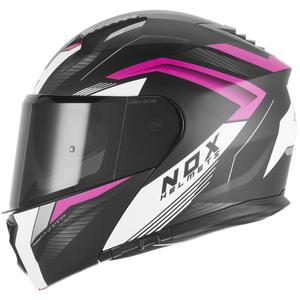 Casco de moto abatible NOX N968 Shift negro mate, blanco y rosa