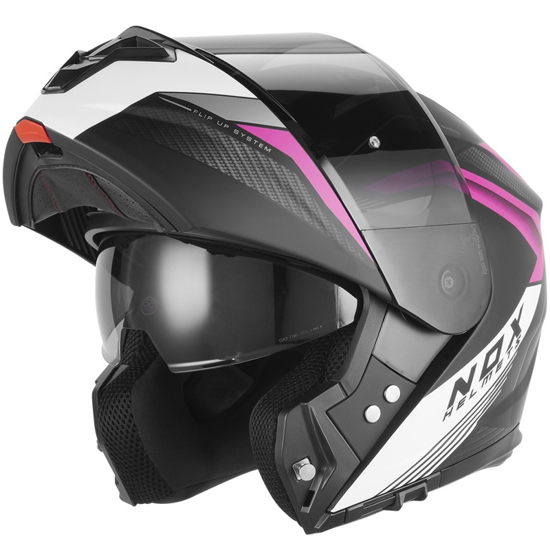 Casco de moto abatible NOX N968 Shift negro mate, blanco y rosa