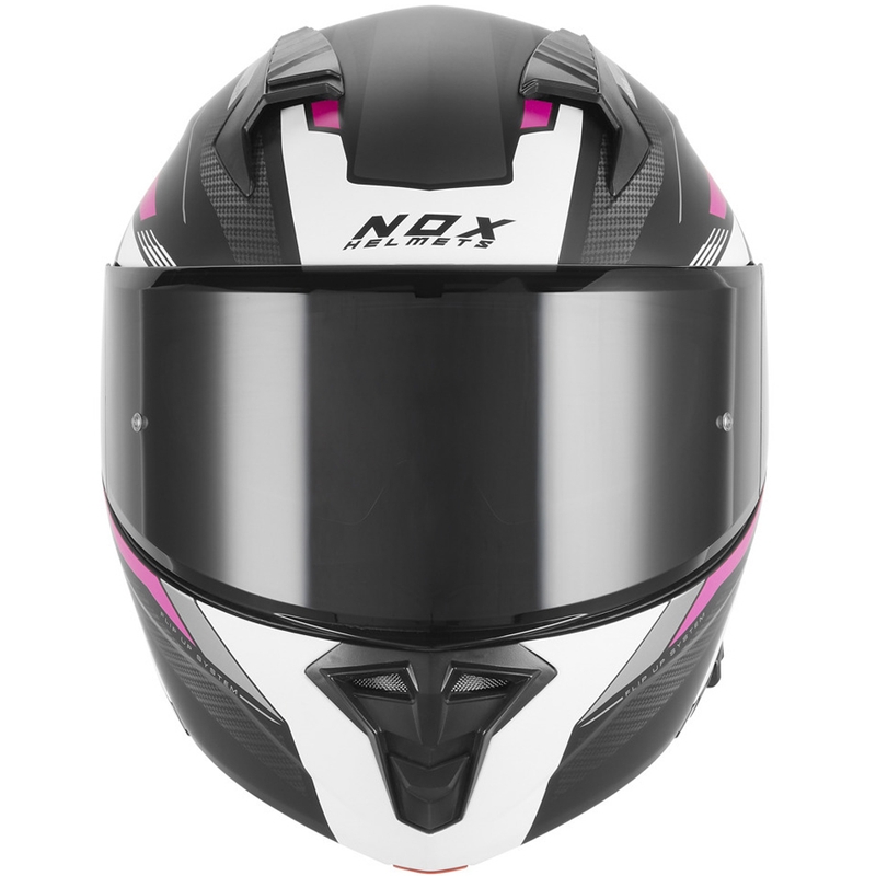 Casco de moto abatible NOX N968 Shift negro mate, blanco y rosa