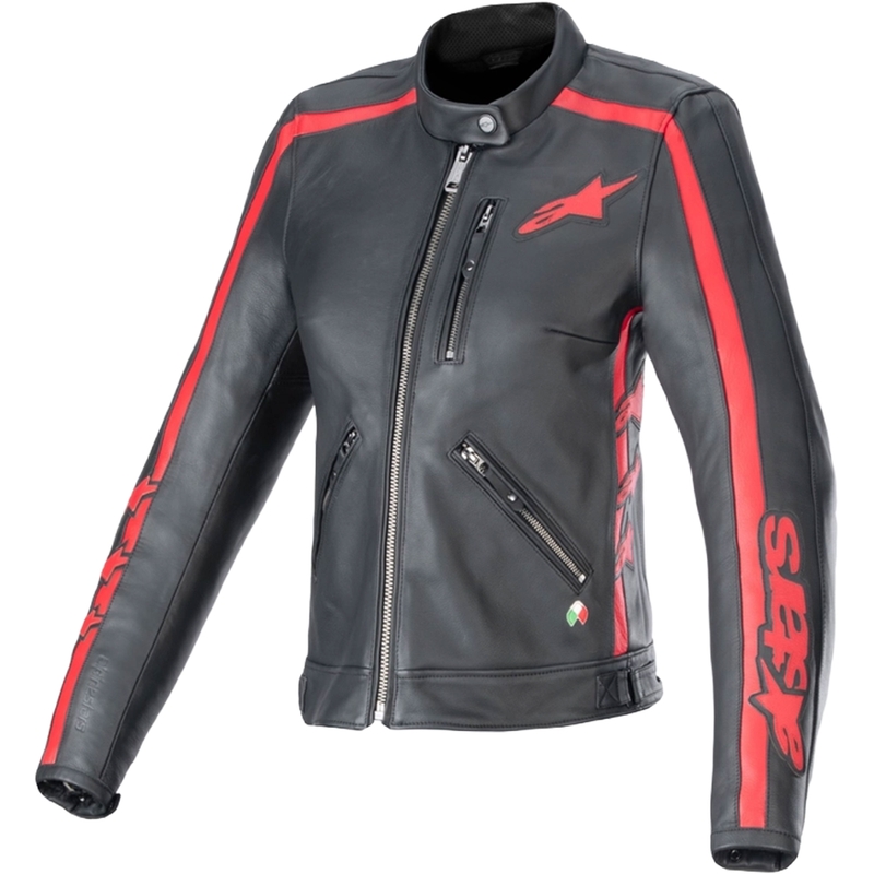 Chaqueta de cuero Alpinestars Stella Dyno para mujer, negra y roja
